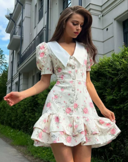 Bloemenprint Mini Jurk met Kraag voor Dames