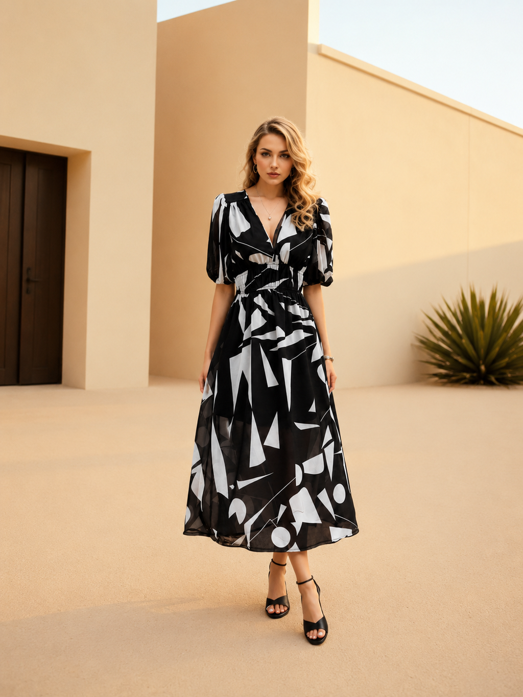 Elegante Bedrukte Midi Jurk met V-Hals voor Dames