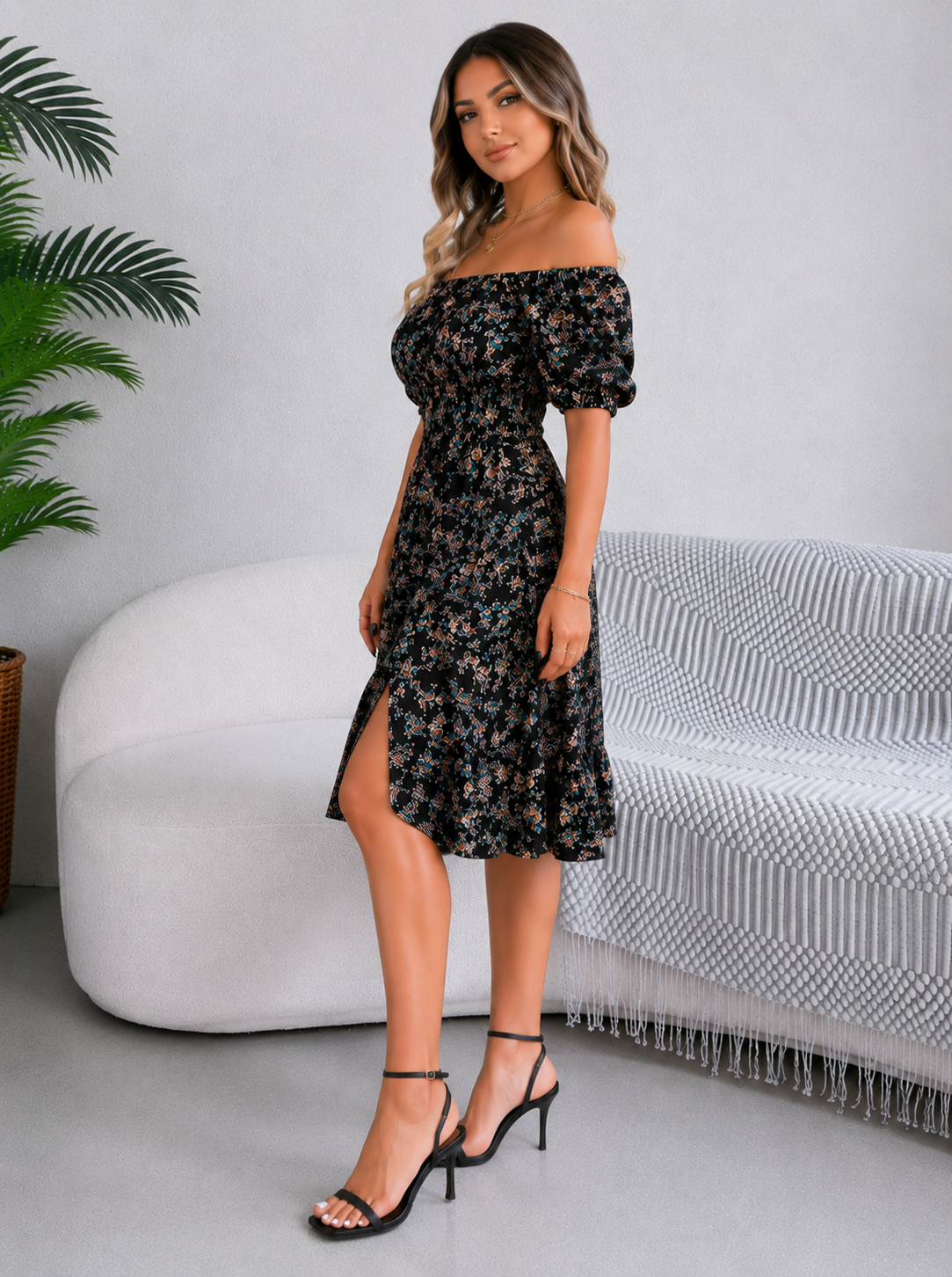 Bloemen Off-Shoulder Midi Jurk voor Dames