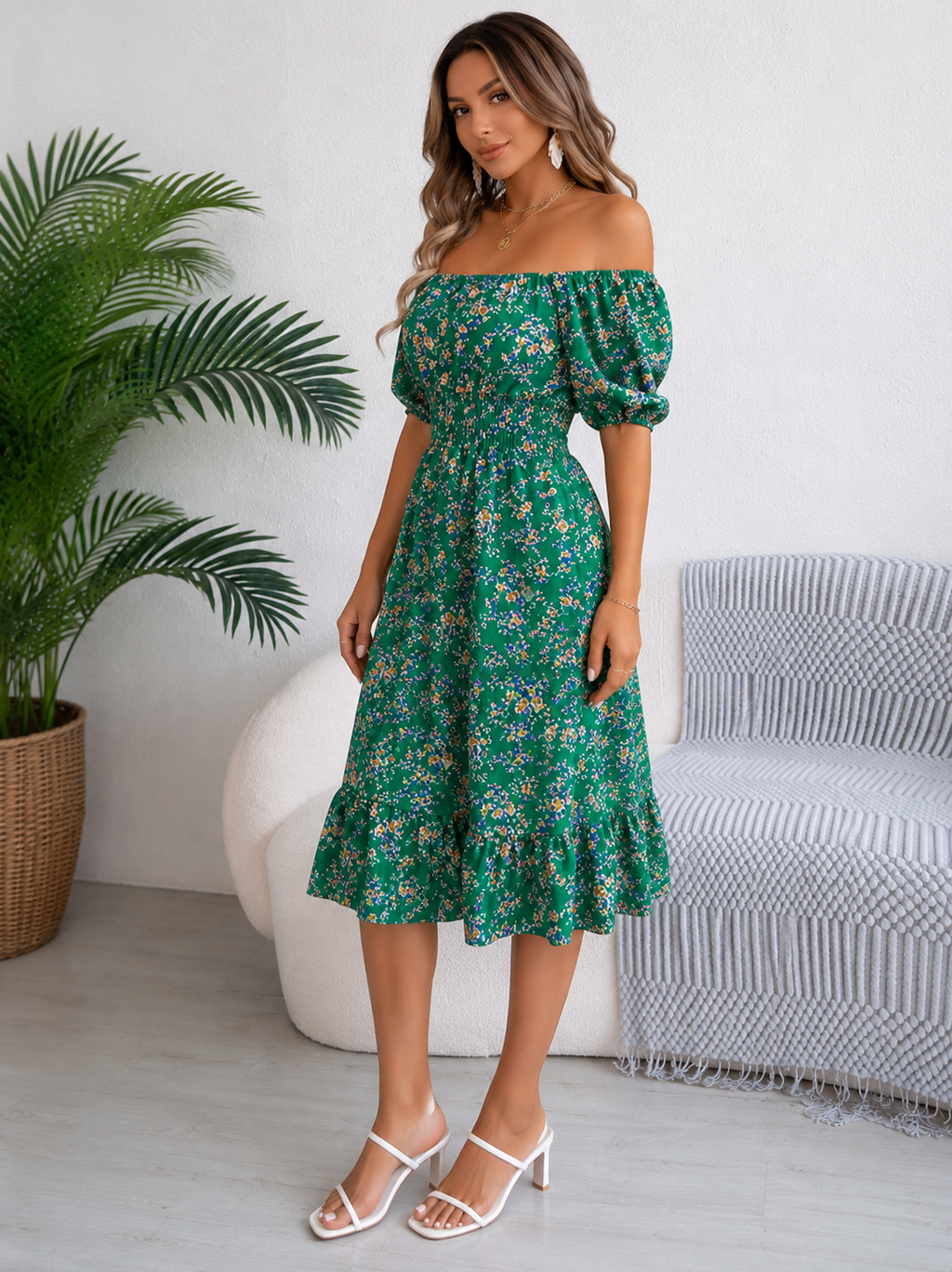 Bloemen Off-Shoulder Midi Jurk voor Dames