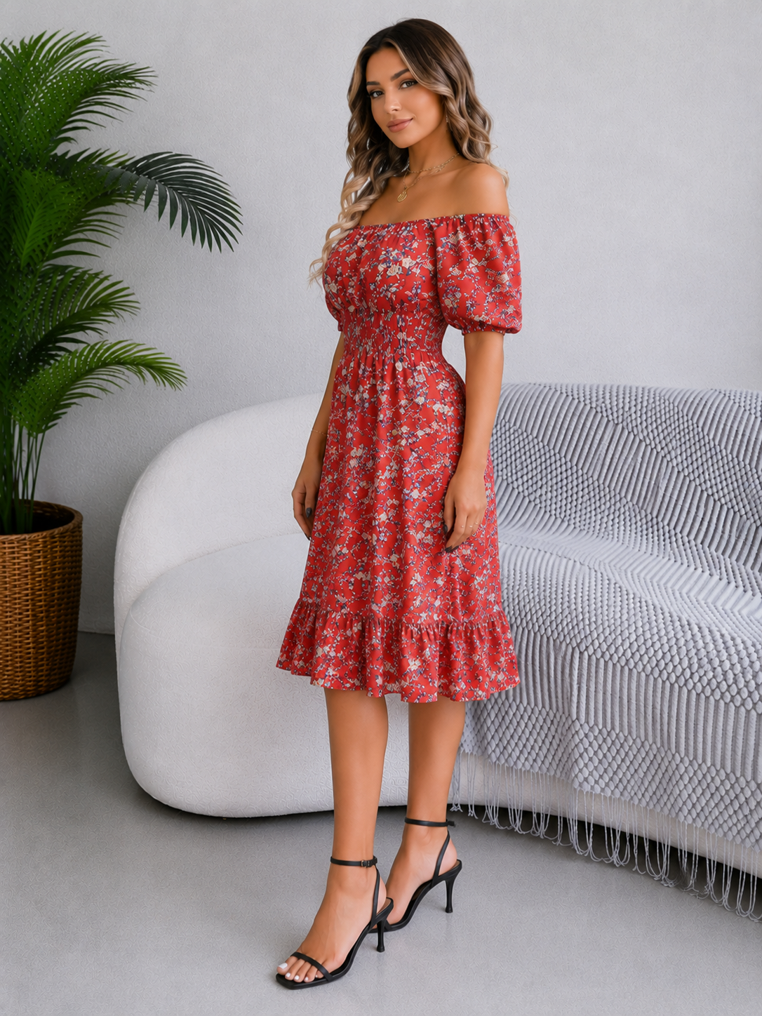 Bloemen Off-Shoulder Midi Jurk voor Dames