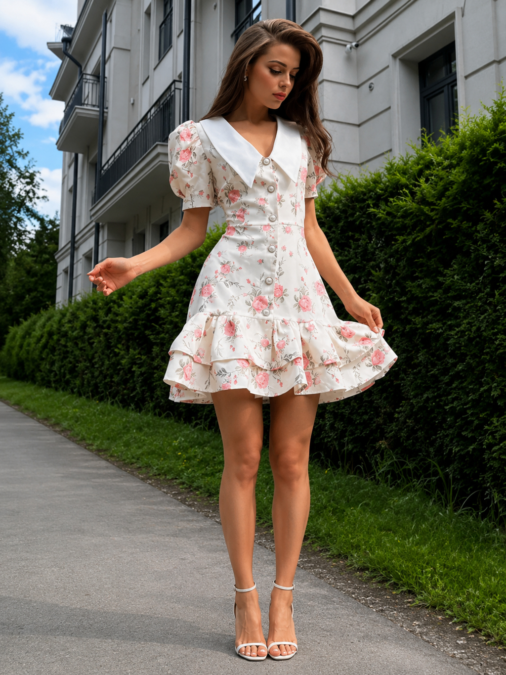 Bloemenprint Mini Jurk met Kraag voor Dames