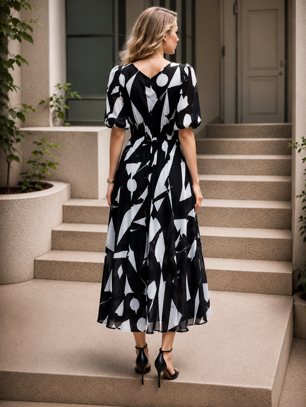 Elegante Bedrukte Midi Jurk met V-Hals voor Dames