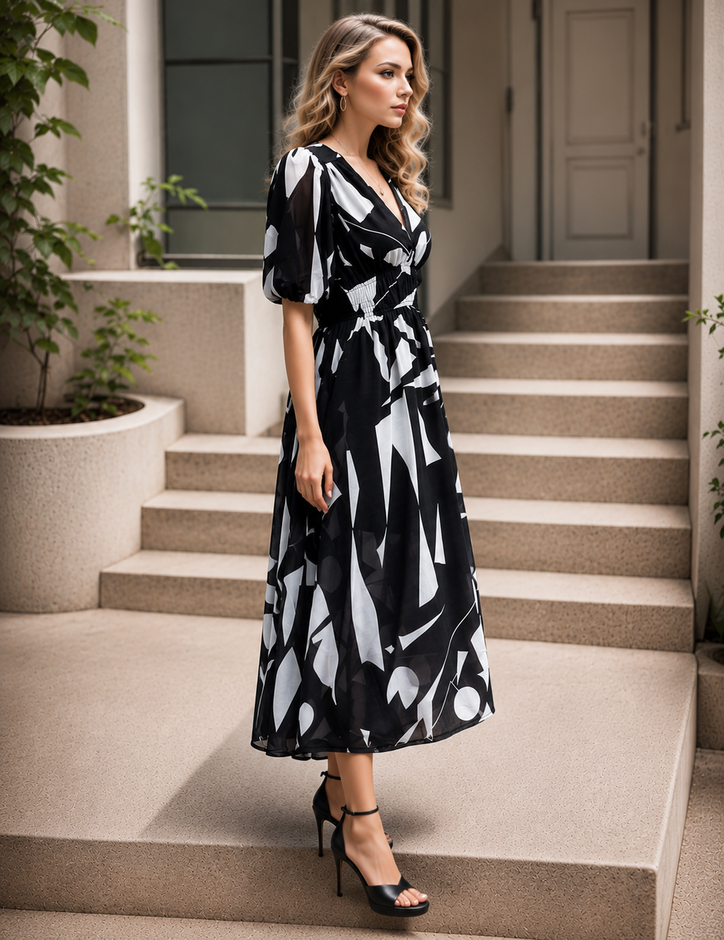 Elegante Bedrukte Midi Jurk met V-Hals voor Dames