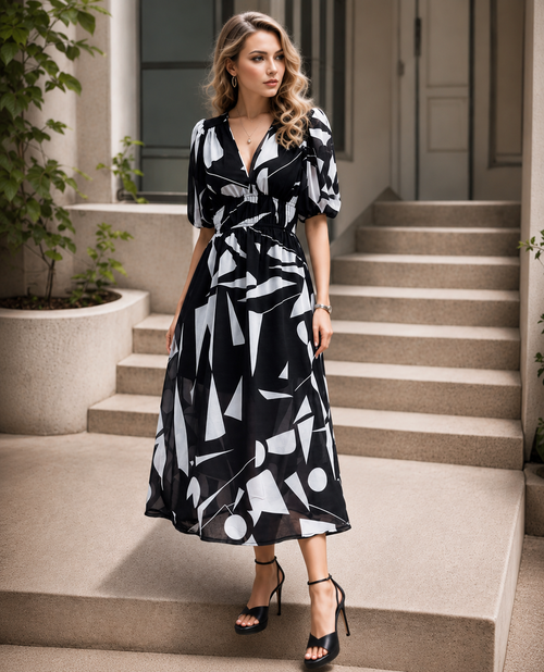 Elegante Bedrukte Midi Jurk met V-Hals voor Dames
