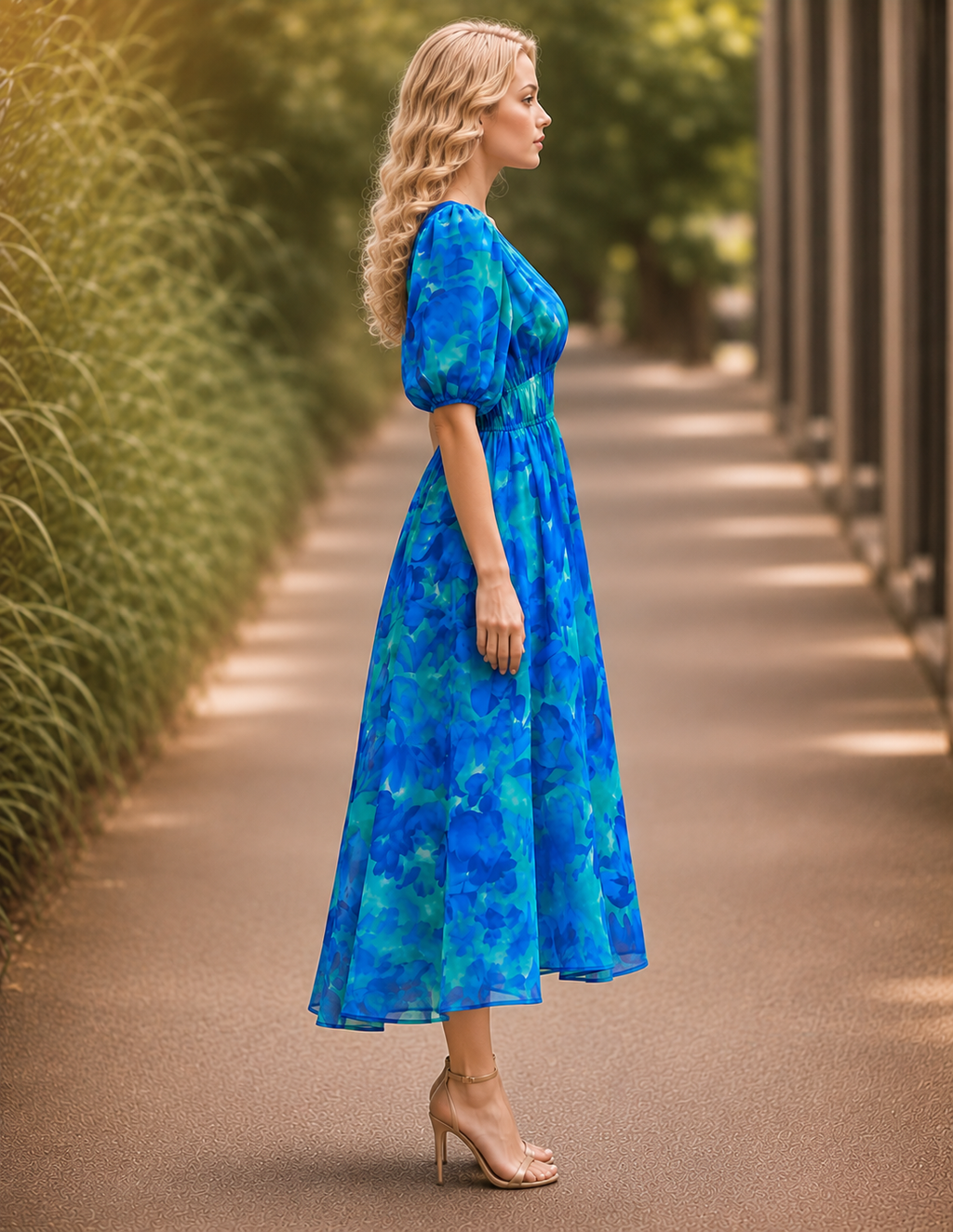 Elegante Bedrukte Midi Jurk met V-Hals voor Dames