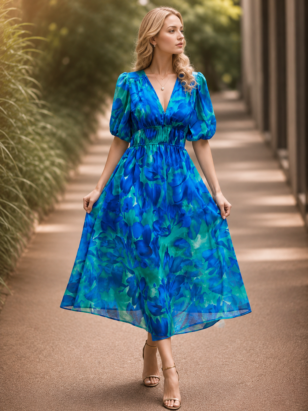 Elegante Bedrukte Midi Jurk met V-Hals voor Dames