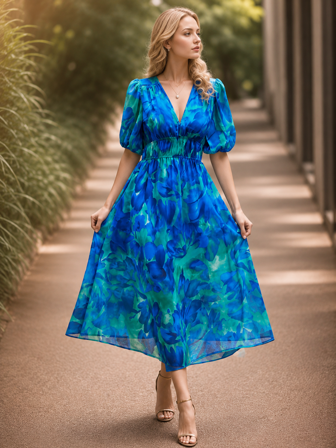 Elegante Bedrukte Midi Jurk met V-Hals voor Dames