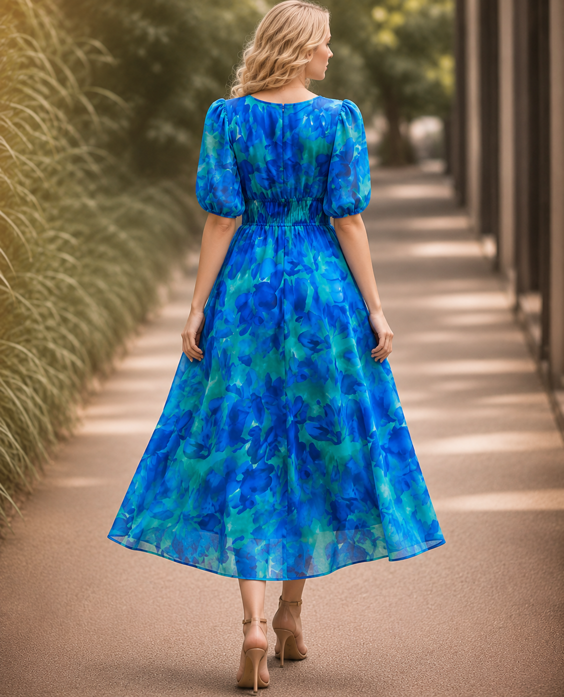 Elegante Bedrukte Midi Jurk met V-Hals voor Dames