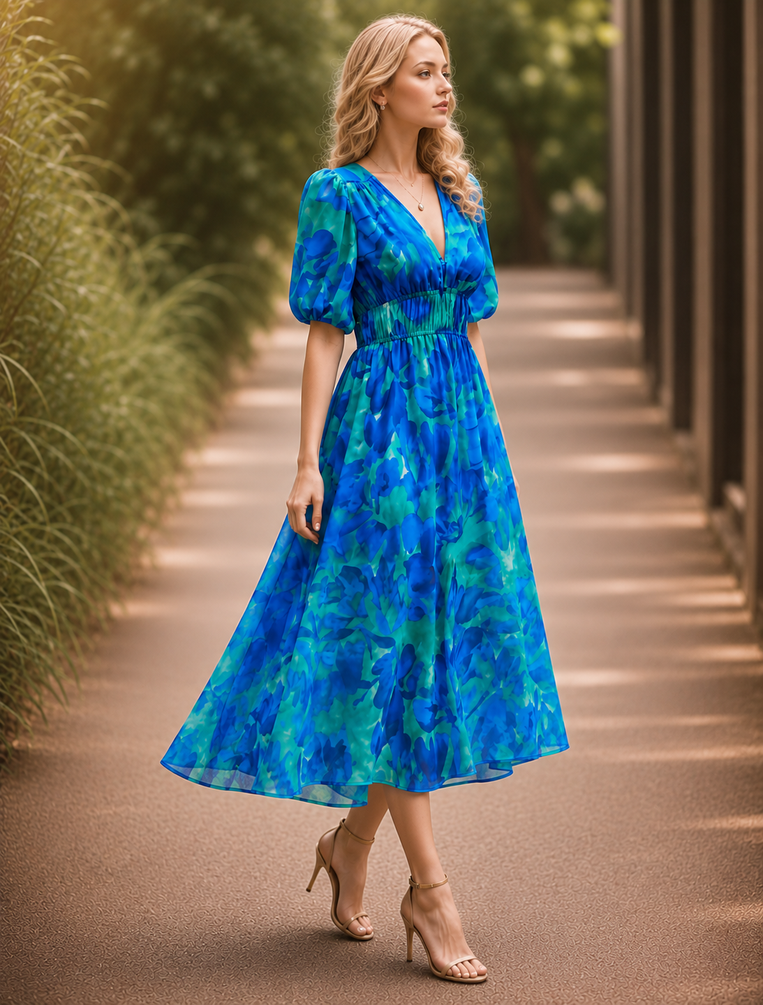Elegante Bedrukte Midi Jurk met V-Hals voor Dames