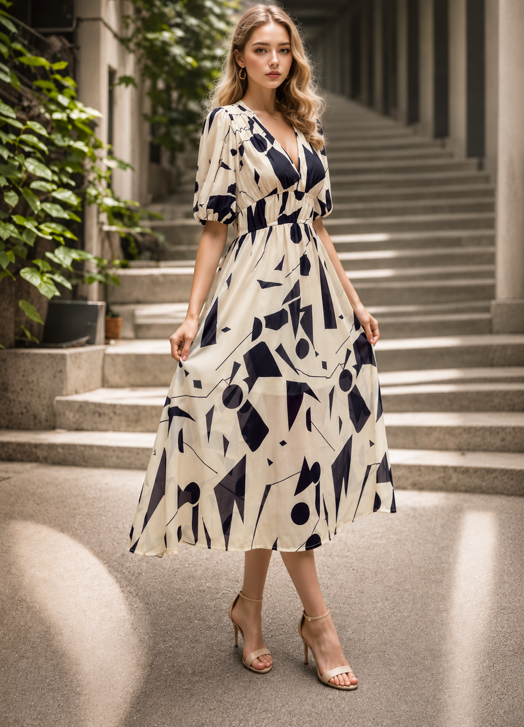 Elegante Bedrukte Midi Jurk met V-Hals voor Dames