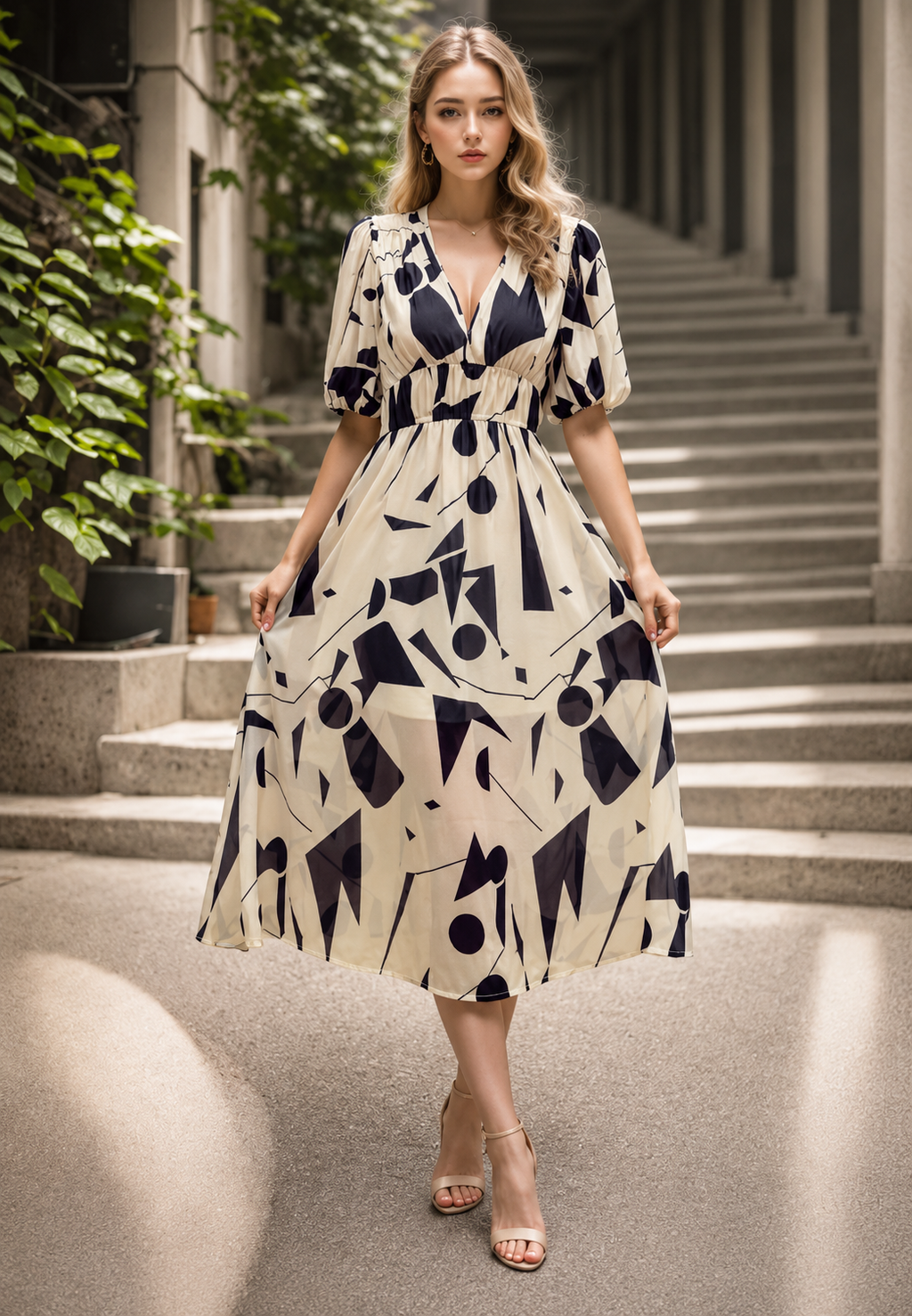 Elegante Bedrukte Midi Jurk met V-Hals voor Dames