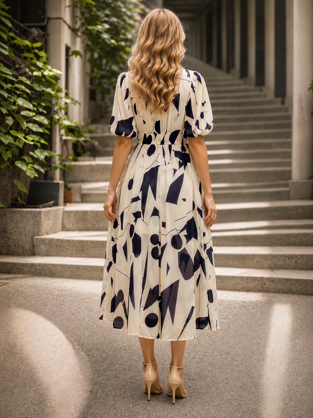 Elegante Bedrukte Midi Jurk met V-Hals voor Dames
