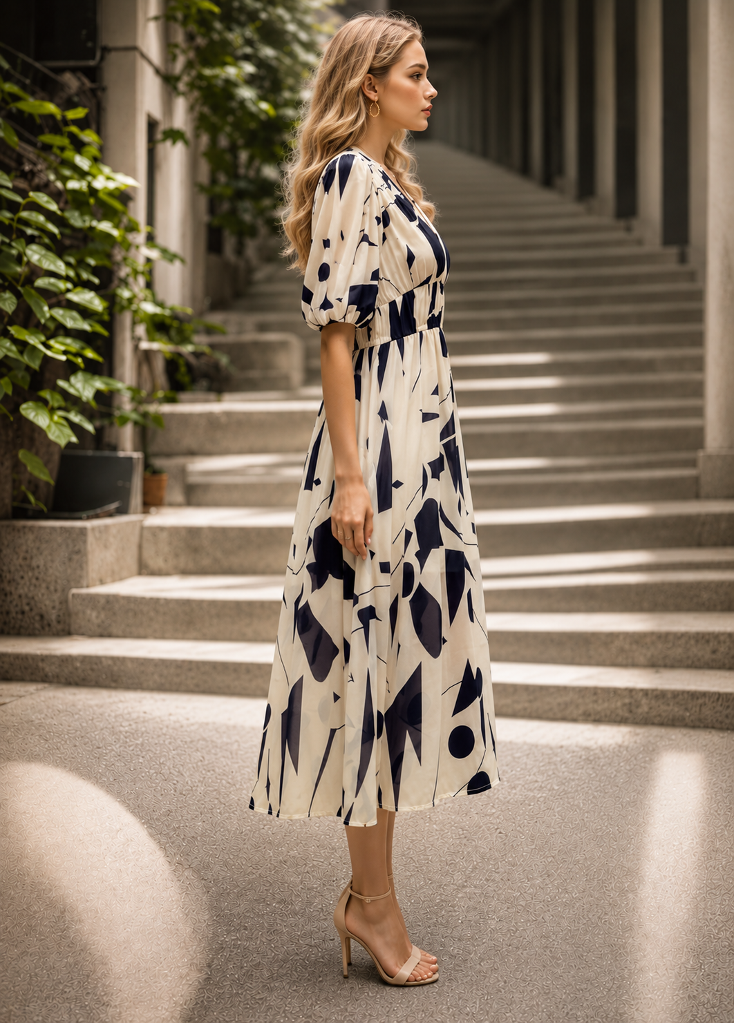 Elegante Bedrukte Midi Jurk met V-Hals voor Dames