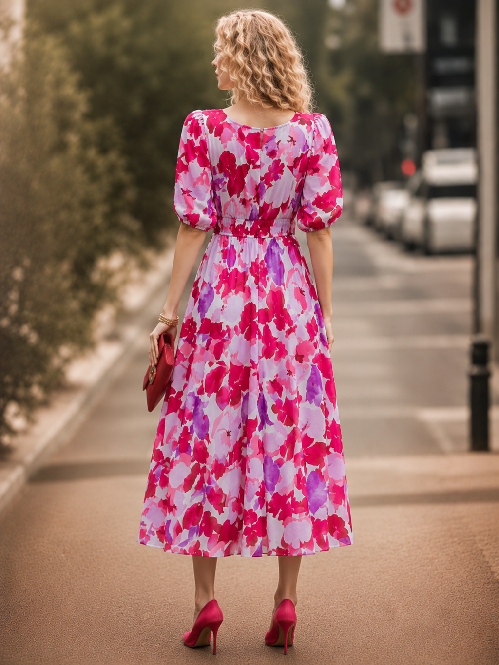 Elegante Bedrukte Midi Jurk met V-Hals voor Dames
