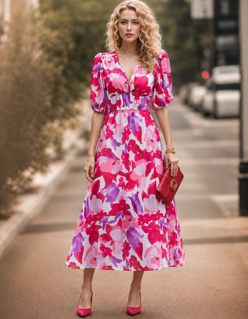 Elegante Bedrukte Midi Jurk met V-Hals voor Dames