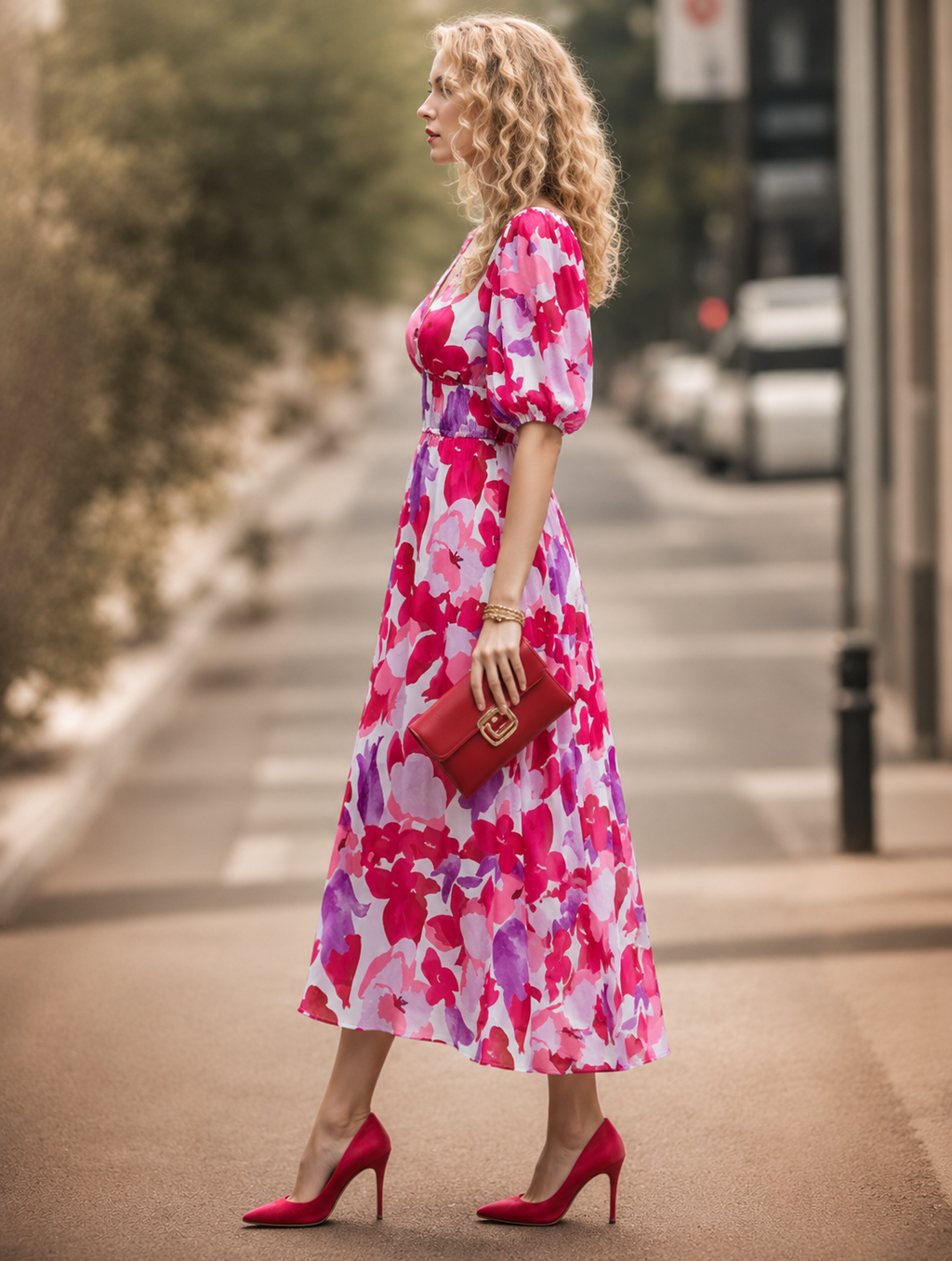 Elegante Bedrukte Midi Jurk met V-Hals voor Dames