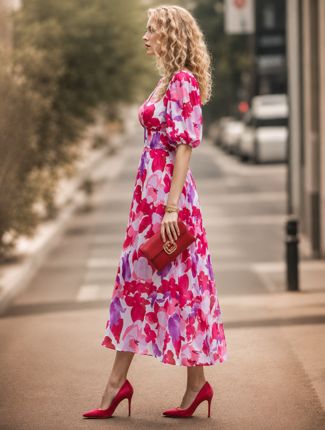 Elegante Bedrukte Midi Jurk met V-Hals voor Dames