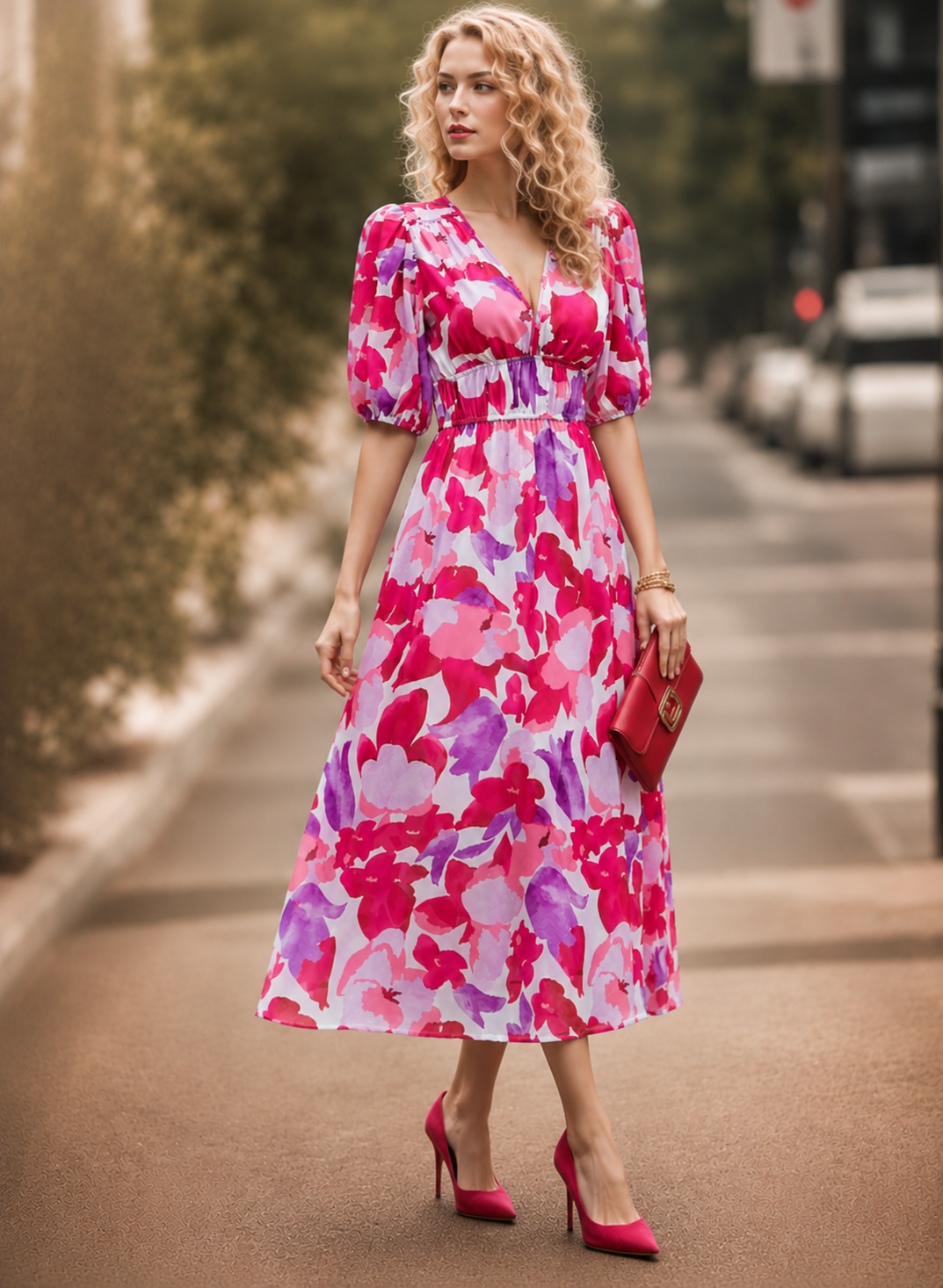 Elegante Bedrukte Midi Jurk met V-Hals voor Dames