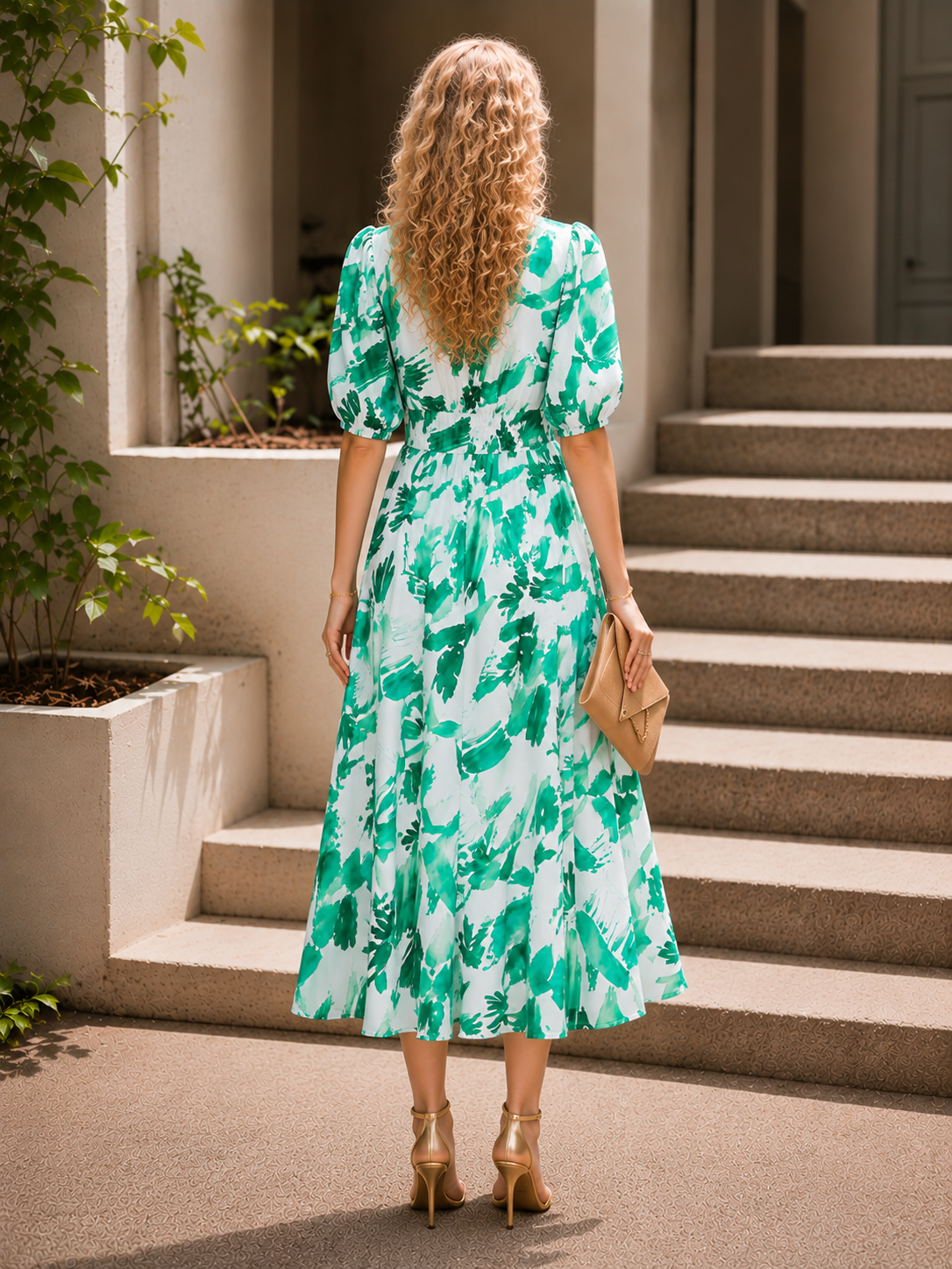 Elegante Bedrukte Midi Jurk met V-Hals voor Dames