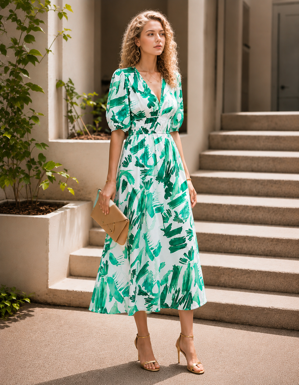 Elegante Bedrukte Midi Jurk met V-Hals voor Dames