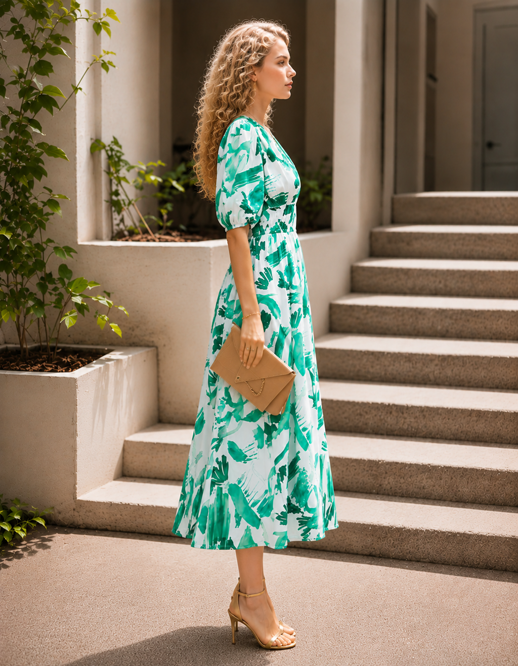 Elegante Bedrukte Midi Jurk met V-Hals voor Dames