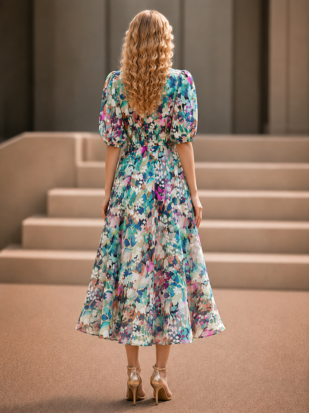 Elegante Bedrukte Midi Jurk met V-Hals voor Dames