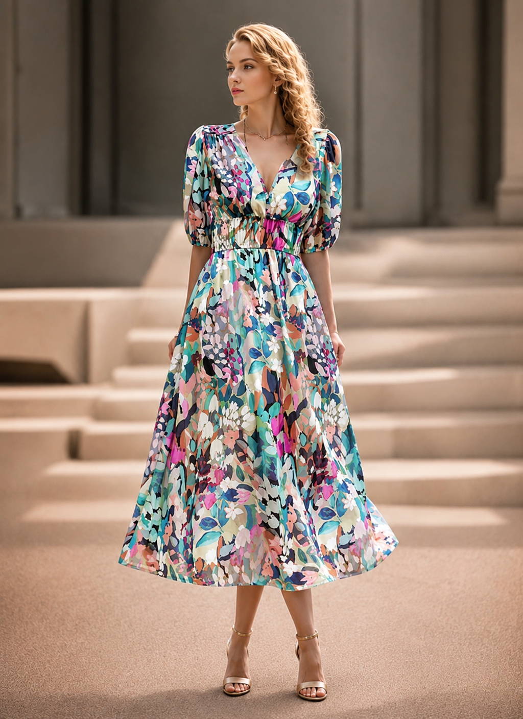 Elegante Bedrukte Midi Jurk met V-Hals voor Dames