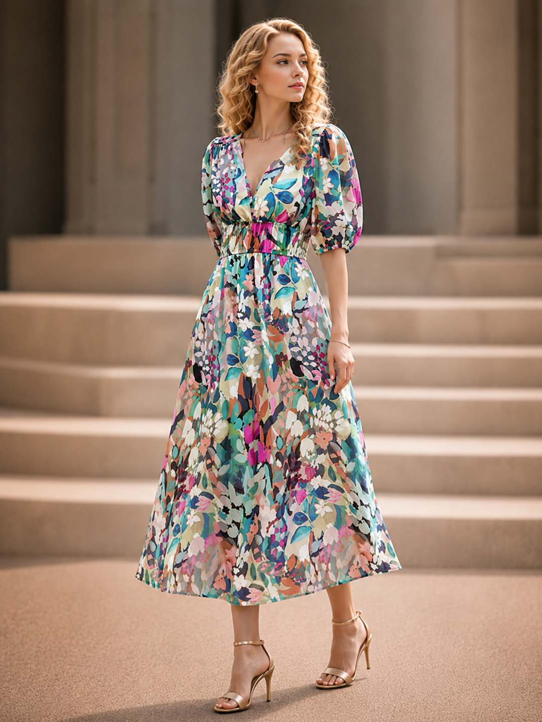 Elegante Bedrukte Midi Jurk met V-Hals voor Dames