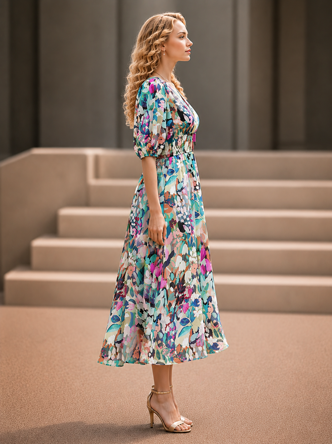 Elegante Bedrukte Midi Jurk met V-Hals voor Dames