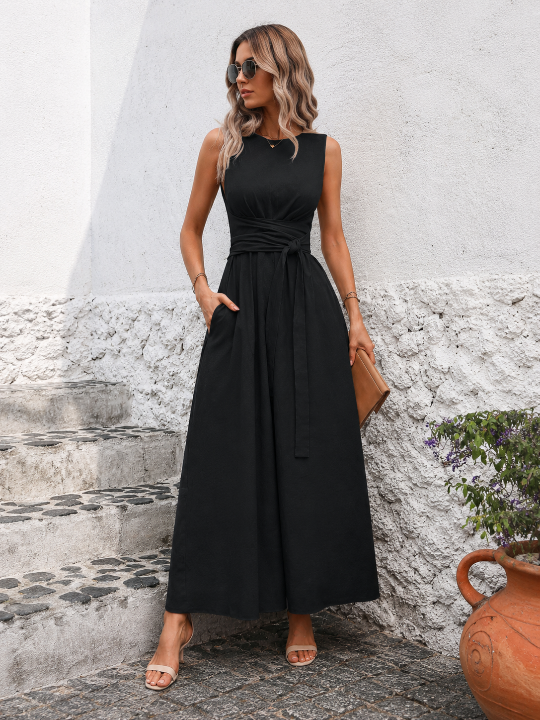 Elegante Mouwloze Maxi Jurk met Taillelint voor Dames