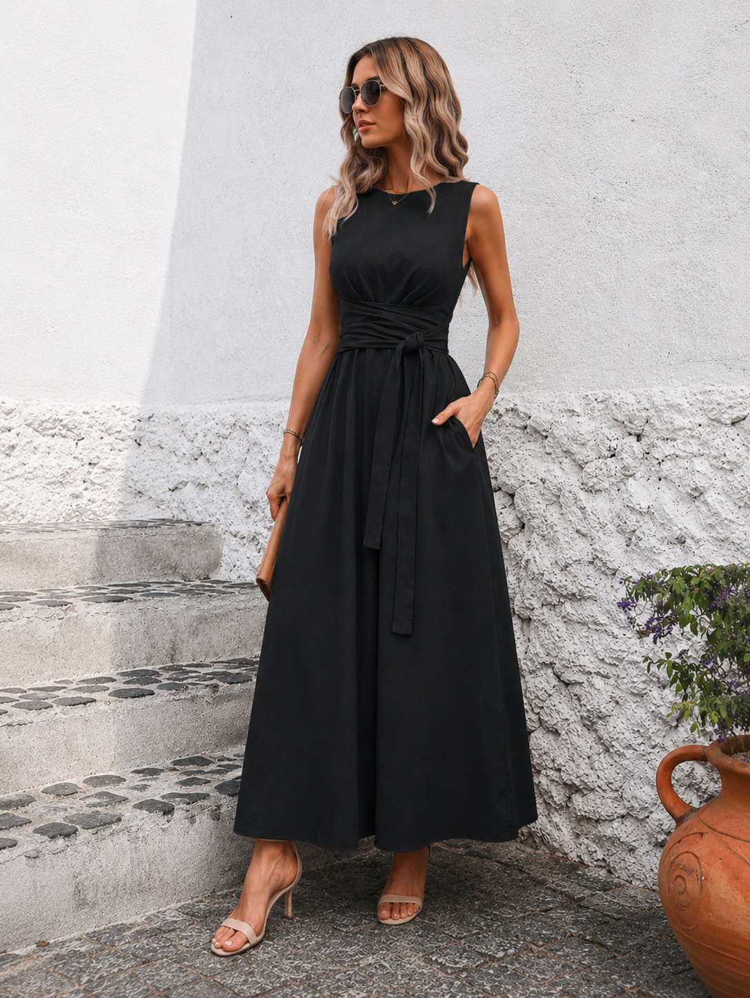 Elegante Mouwloze Maxi Jurk met Taillelint voor Dames