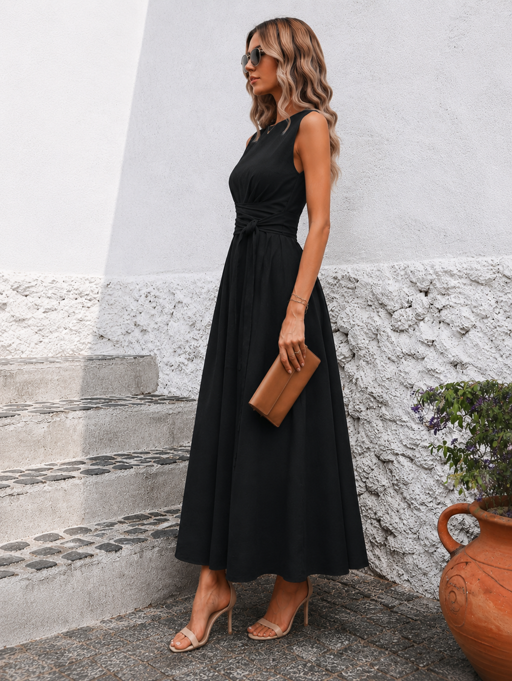 Elegante Mouwloze Maxi Jurk met Taillelint voor Dames