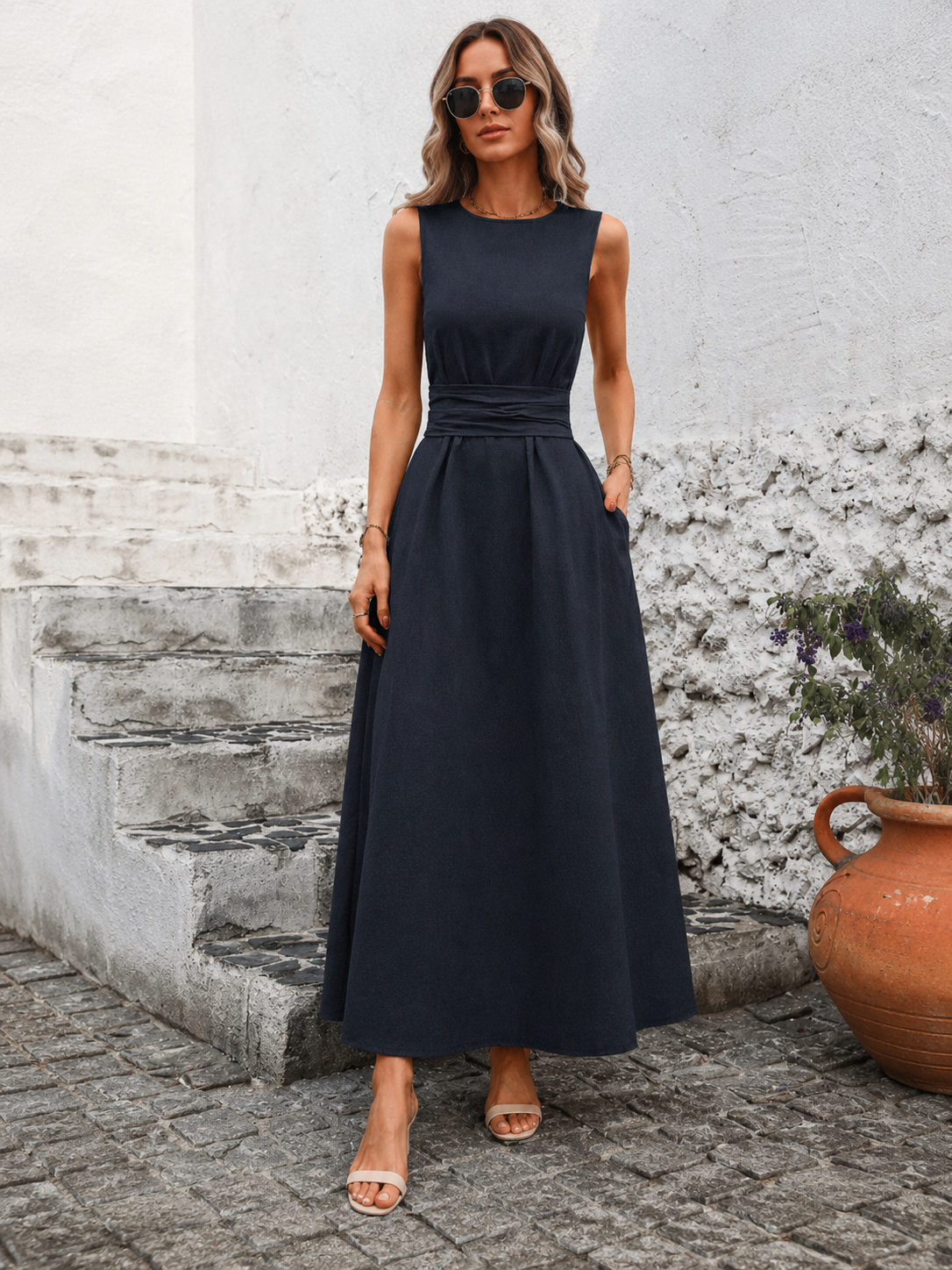 Elegante Mouwloze Maxi Jurk met Taillelint voor Dames