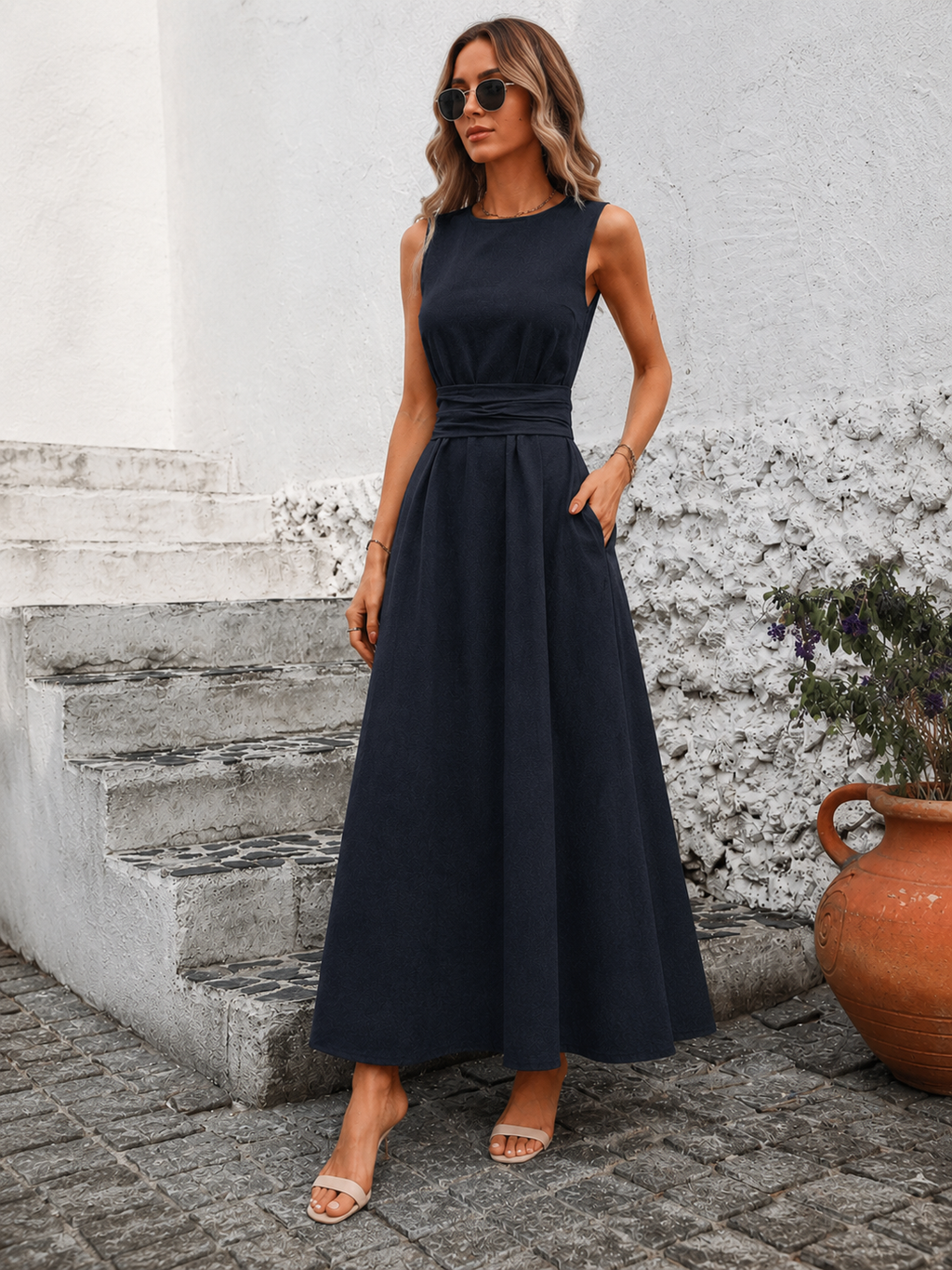 Elegante Mouwloze Maxi Jurk met Taillelint voor Dames
