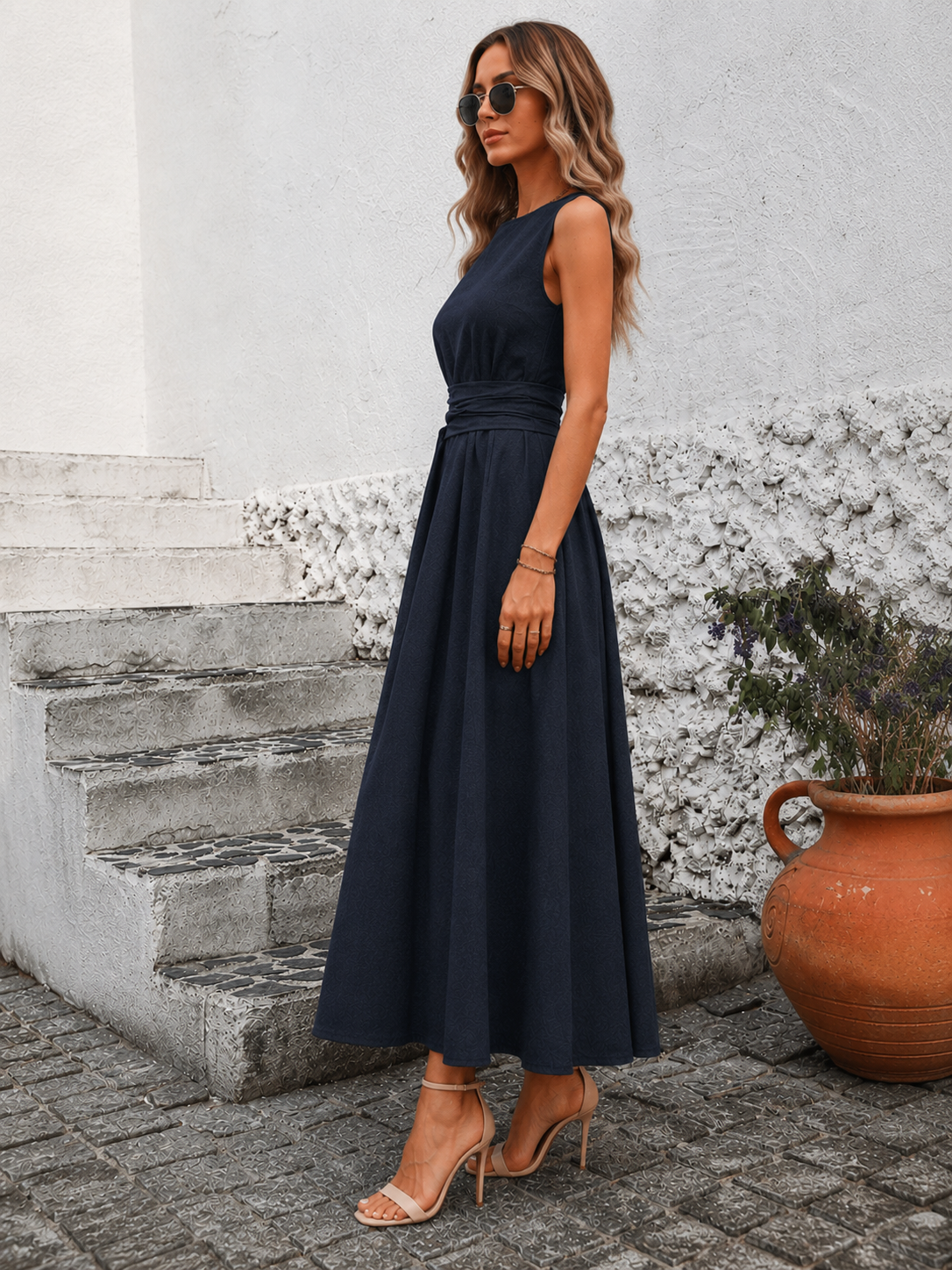 Elegante Mouwloze Maxi Jurk met Taillelint voor Dames