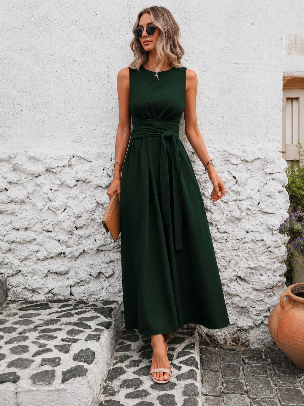 Elegante Mouwloze Maxi Jurk met Taillelint voor Dames